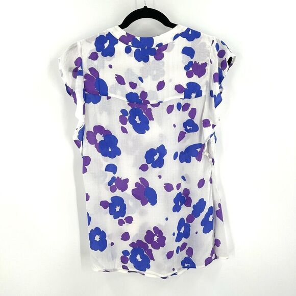 CABI White Purple Blue Semi Sheer Floral Print Flutter Sleeve Blouse Size Small - Picture 2 of 5